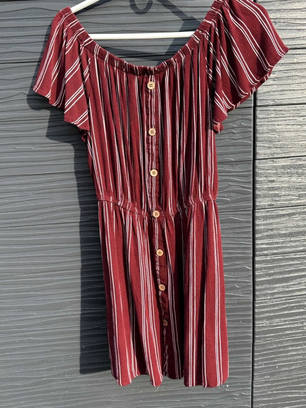 Burgundy Off Shoulder Dress Striped Button Front Boho Large